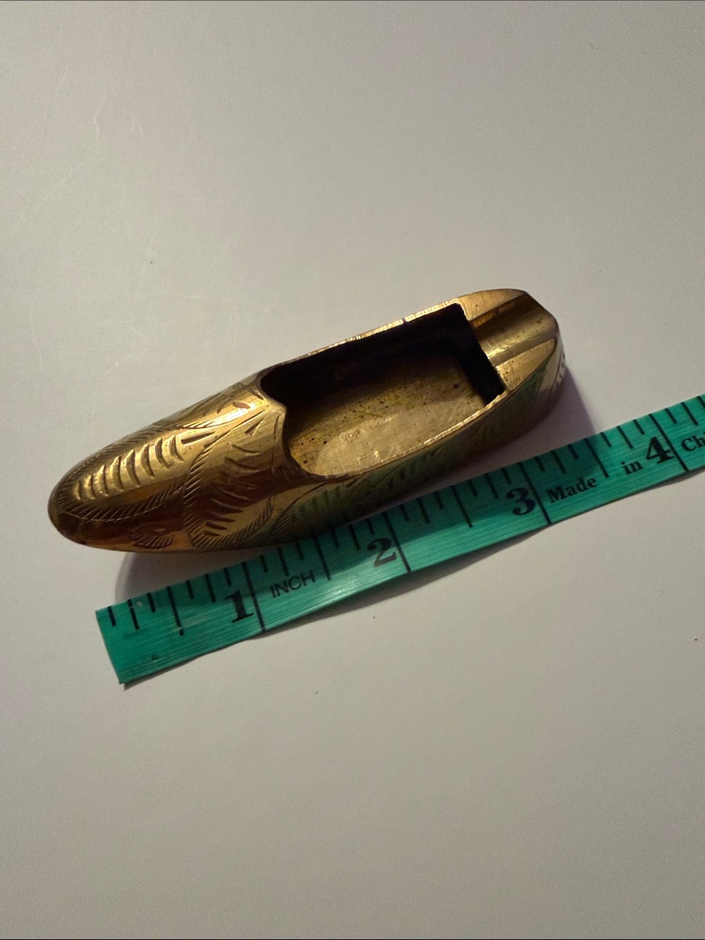 Vintage Brass Mini Ashtray – India – Shoe Shape with Leaf Engraving – Boho Decor